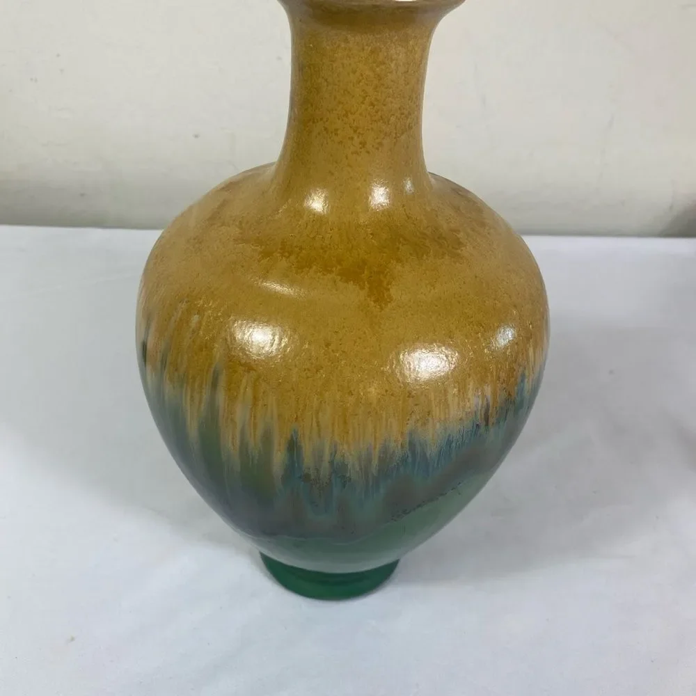 Elegant Green and Brown ceramic Vase with drip glaze